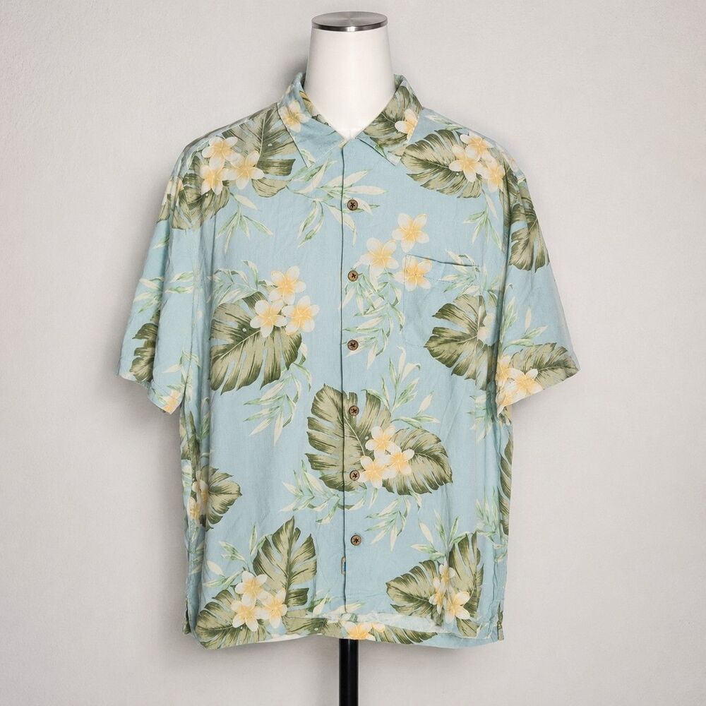 Caribbean Mens XL Hawaiian Camp Shirt Blue Floral‎ Silk Rayon Tropical Casual